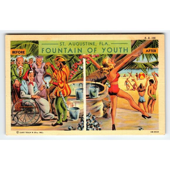 Vintage Linen Postcard St. Augustine FL Fountain of Youth Comic 1940s - Picture 1 of 2